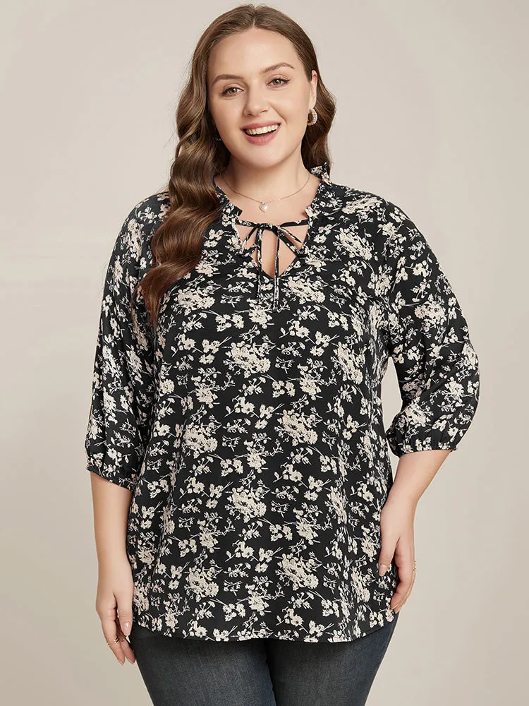 Floral Print Lantern Sleeve Tie V Neck Blouse sold by Bloomchic product image thumbnail 4