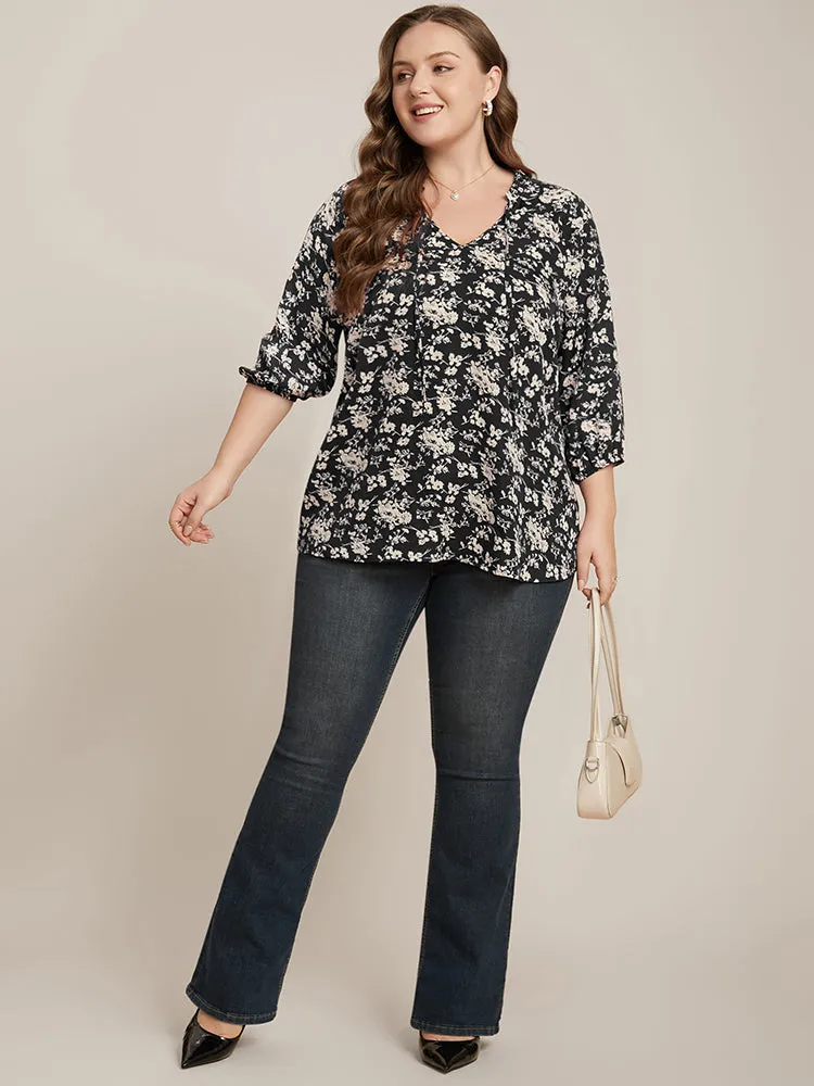 Floral Print Lantern Sleeve Tie V Neck Blouse sold by Bloomchic product image thumbnail 3