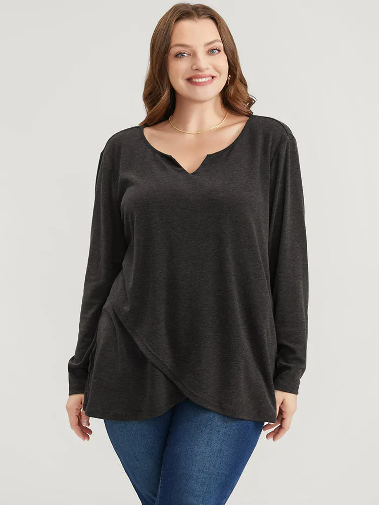 Solid Notched Asymmetrical Hem Long Tee sold by Bloomchic