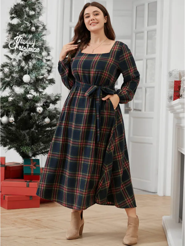 Plaid Lantern Sleeve Pocket Belted Square Neck Dress sold by Bloomchic