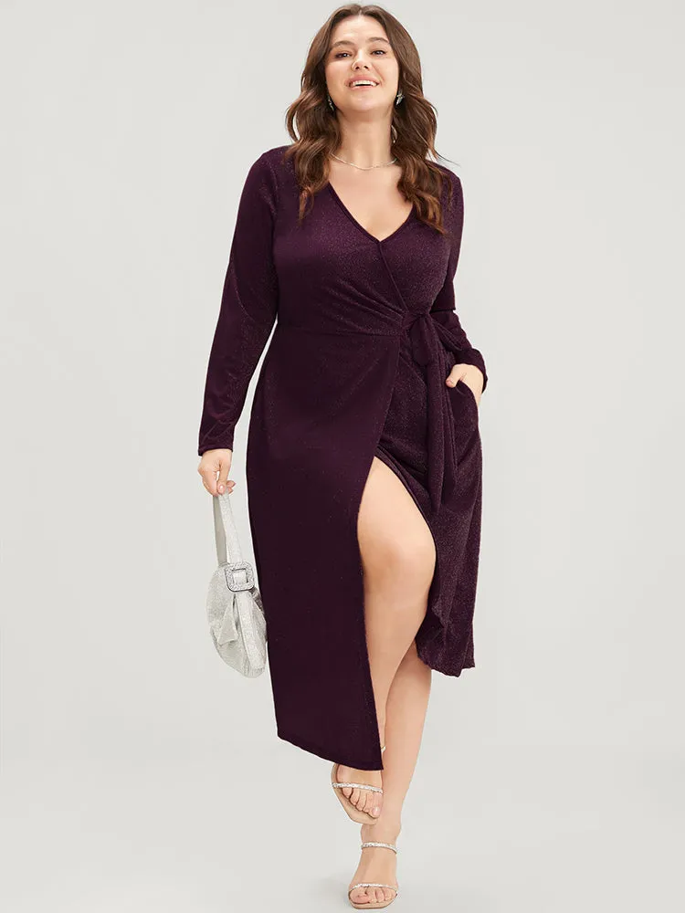 Sequin Wrap Knotted Side Pocket Asymmetrical Hem Dress sold by Bloomchic product image thumbnail 4