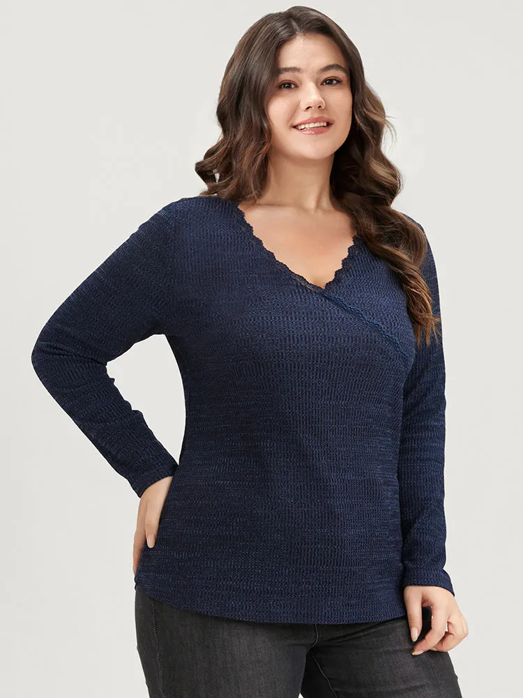 Solid Lace Trim Rib Knit Surplice Neck Long Tee sold by Bloomchic product image thumbnail 3