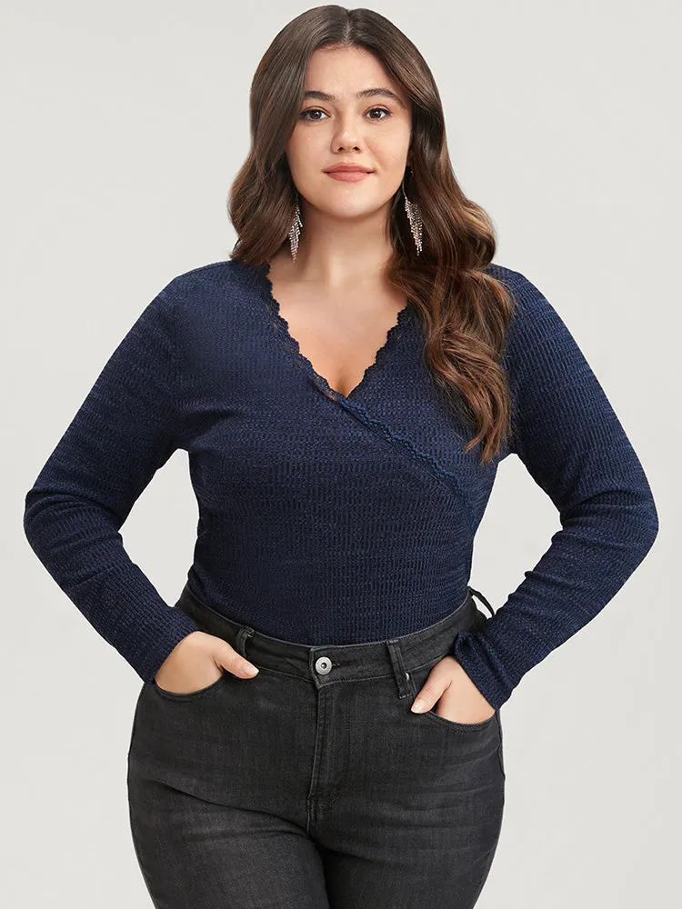 Solid Lace Trim Rib Knit Surplice Neck Long Tee sold by Bloomchic product image thumbnail 4