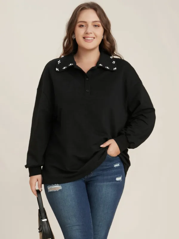 Solid Button Up Pearl Beaded Polo Neck Sweatshirt sold by Bloomchic