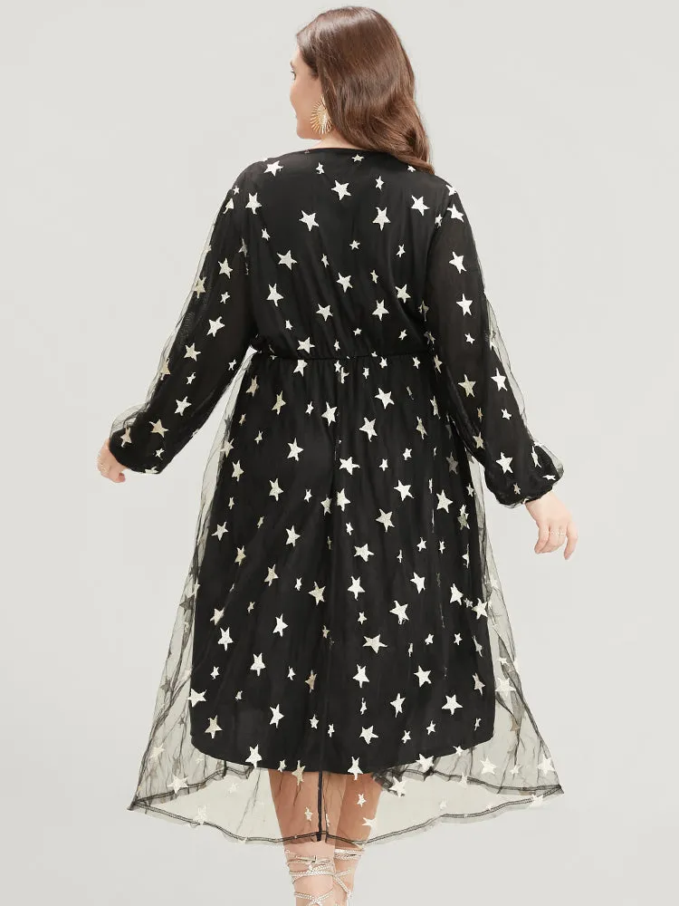 Star Embroidered Mesh Pocket Lantern Sleeve Midi Dress sold by Bloomchic product image thumbnail 5
