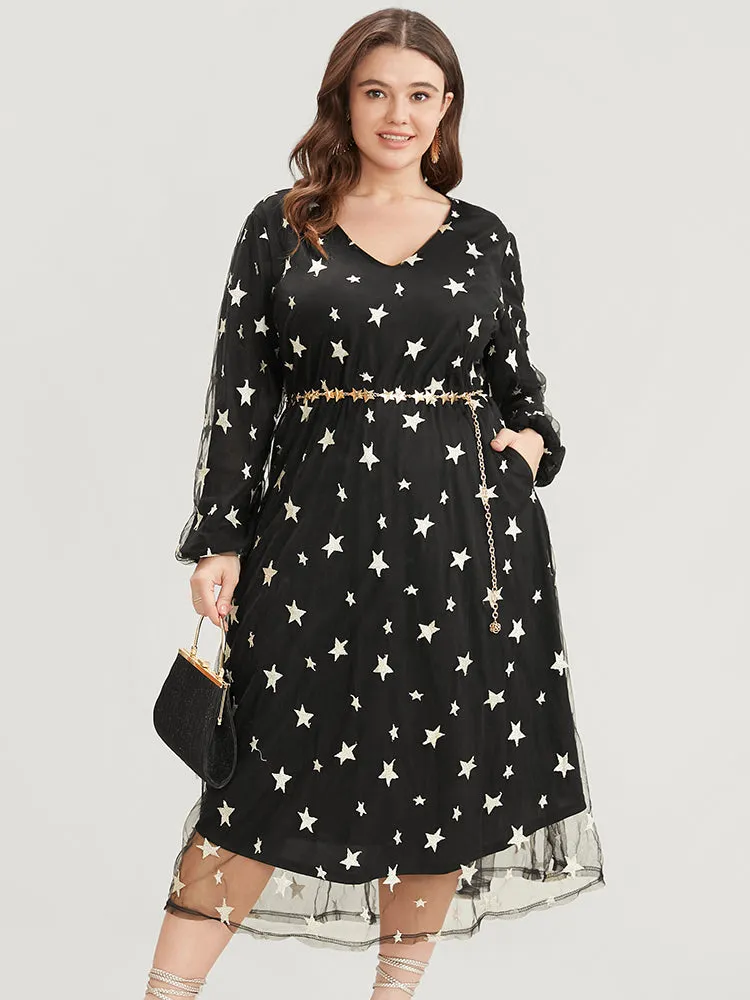 Star Embroidered Mesh Pocket Lantern Sleeve Midi Dress sold by Bloomchic product image thumbnail 2