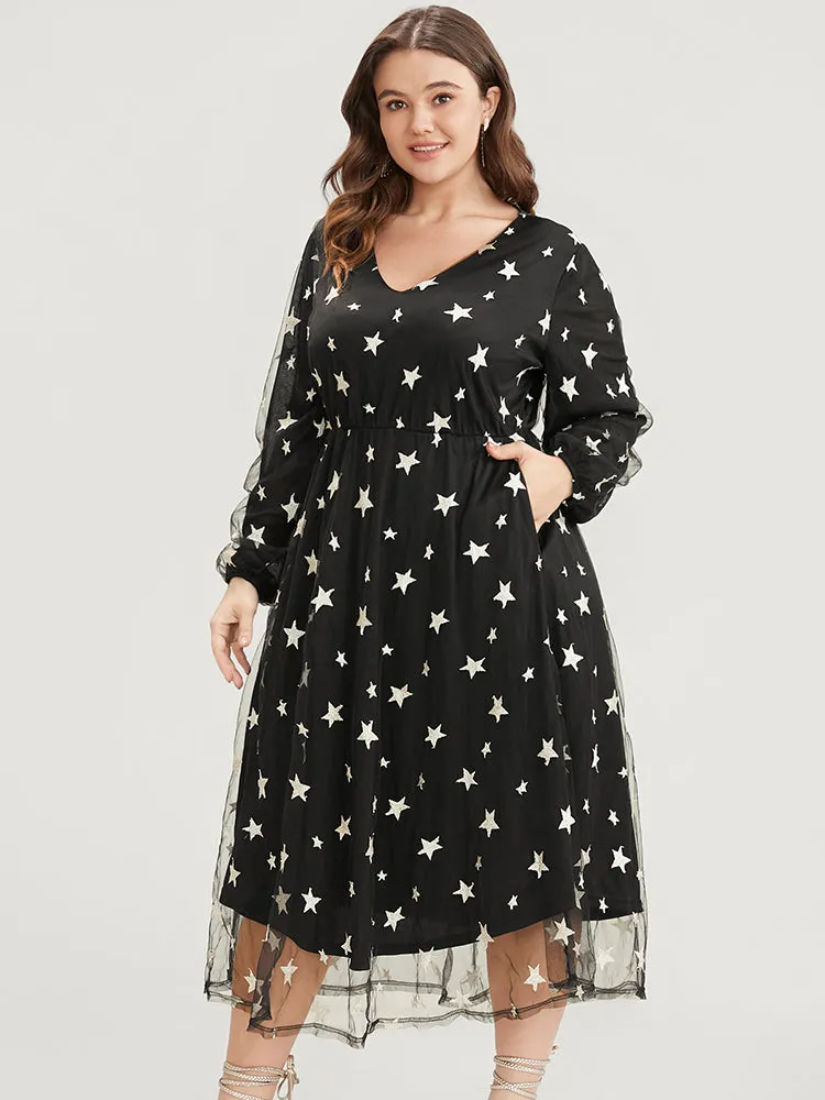 Star Embroidered Mesh Pocket Lantern Sleeve Midi Dress sold by Bloomchic product image thumbnail 3