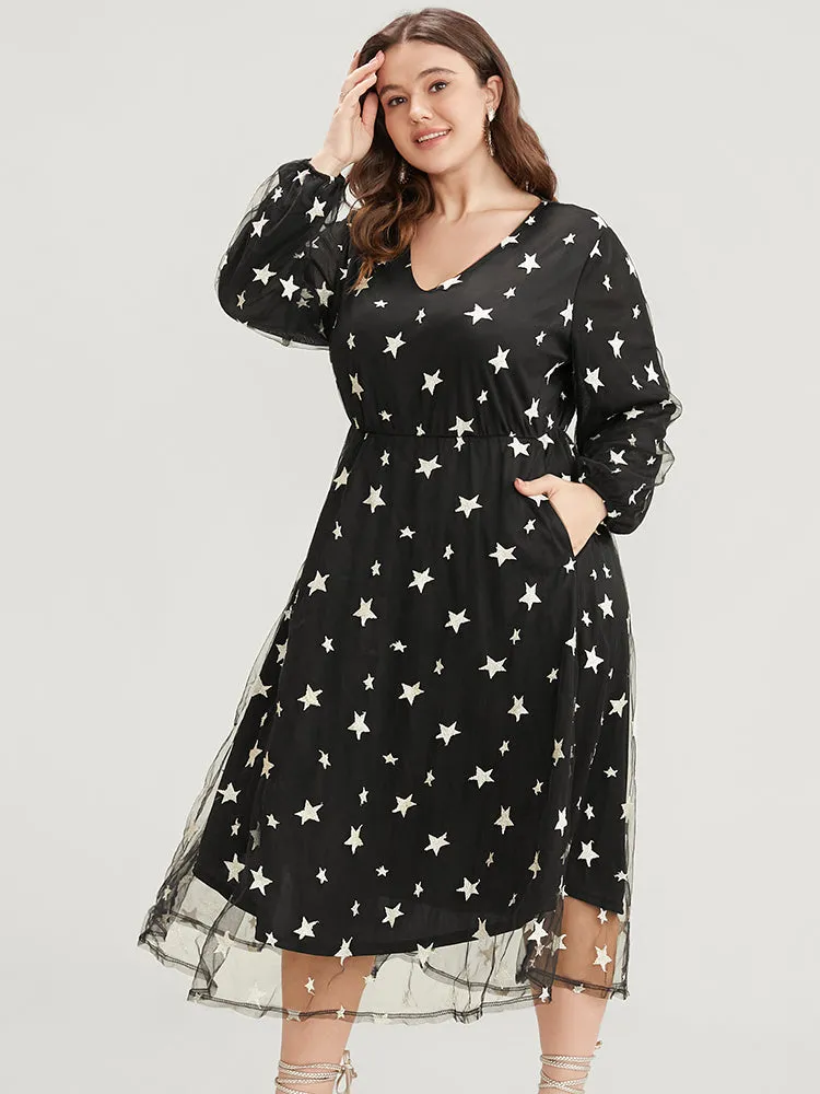 Star Embroidered Mesh Pocket Lantern Sleeve Midi Dress sold by Bloomchic product image thumbnail 4