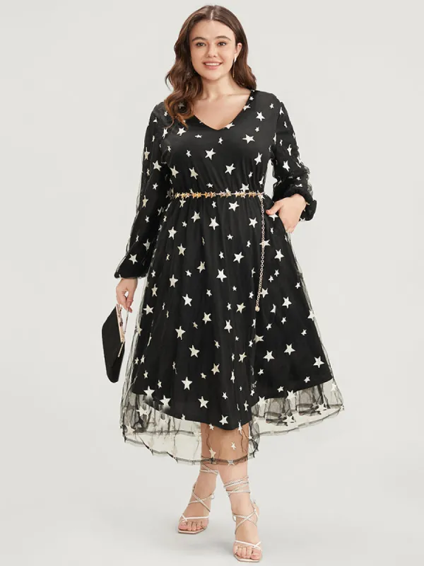 Star Embroidered Mesh Pocket Lantern Sleeve Midi Dress sold by Bloomchic