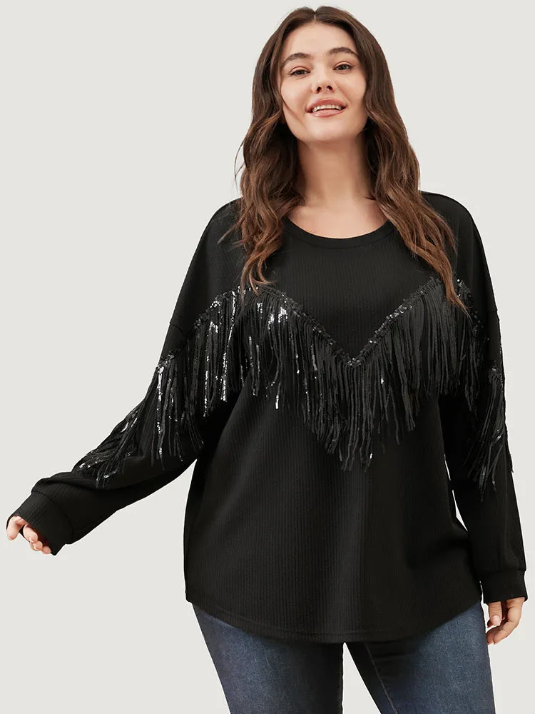 Solid Fringe Trim Sequin Drop Shoulder Sweatshirt sold by Bloomchic product image thumbnail 3