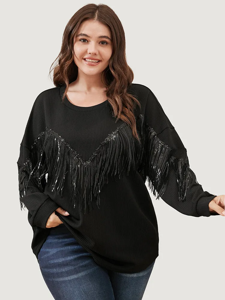 Solid Fringe Trim Sequin Drop Shoulder Sweatshirt sold by Bloomchic product image thumbnail 4
