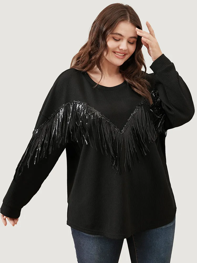 Solid Fringe Trim Sequin Drop Shoulder Sweatshirt sold by Bloomchic