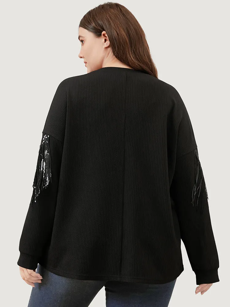 Solid Fringe Trim Sequin Drop Shoulder Sweatshirt sold by Bloomchic product image thumbnail 5