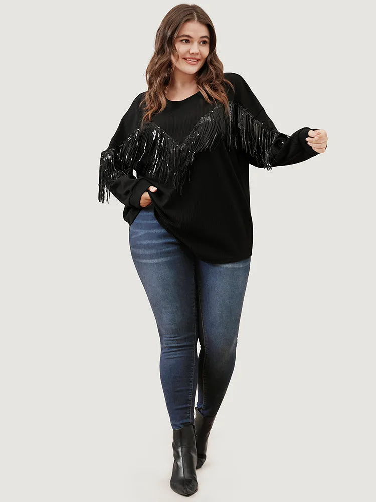 Solid Fringe Trim Sequin Drop Shoulder Sweatshirt sold by Bloomchic product image thumbnail 2