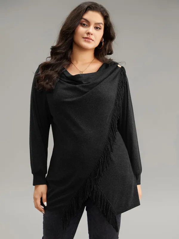 Cowl Neck Tassels Button Detail Wrap Sweatshirt sold by Bloomchic