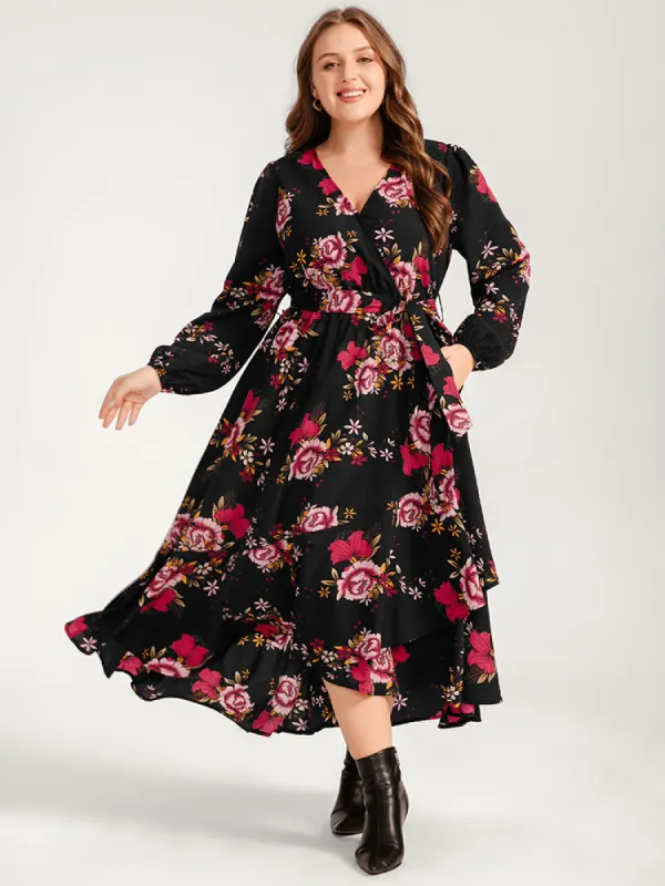 Floral Ruffle Lantern Sleeve Pocket Belted Asymmetrical Hem Dress sold by Bloomchic