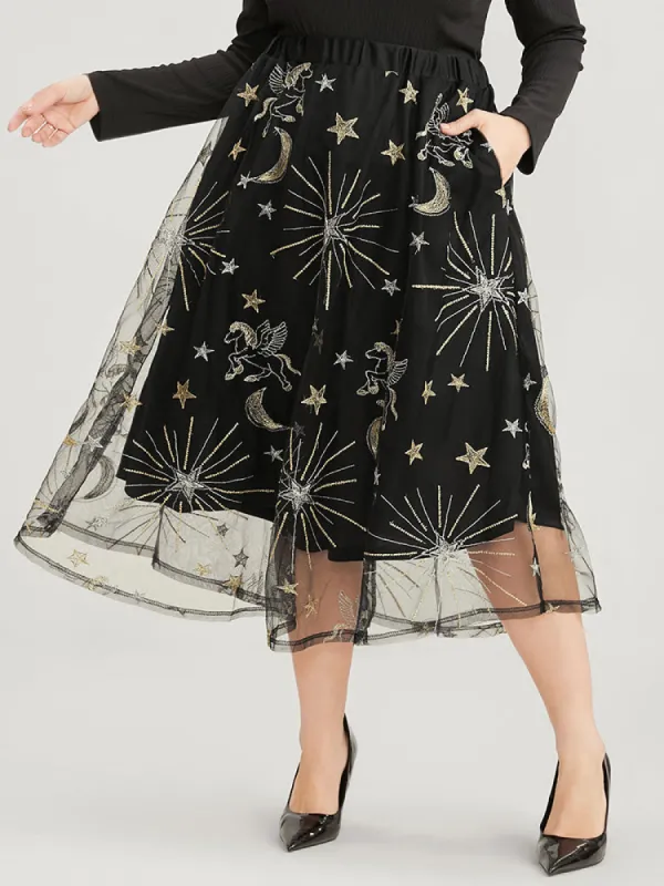 Moon And Star Embroidered Mesh Elastic Waist Skirt sold by Bloomchic