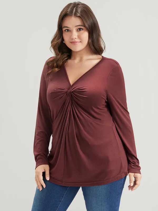 Solid V Neck Twist Front Long Tee sold by Bloomchic