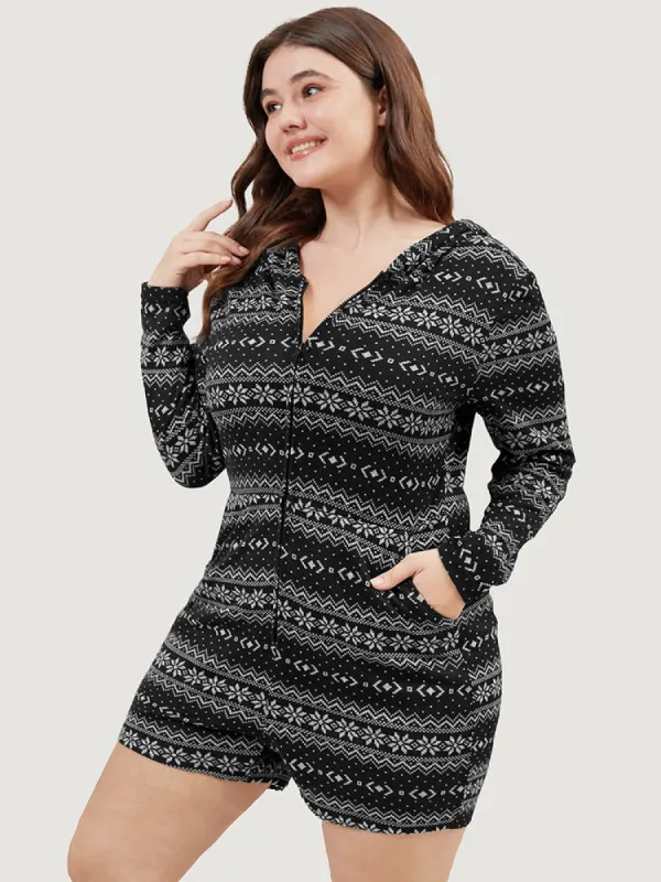 Snowflake Print Zipper Pocket Hooded Sleep Romper sold by Bloomchic