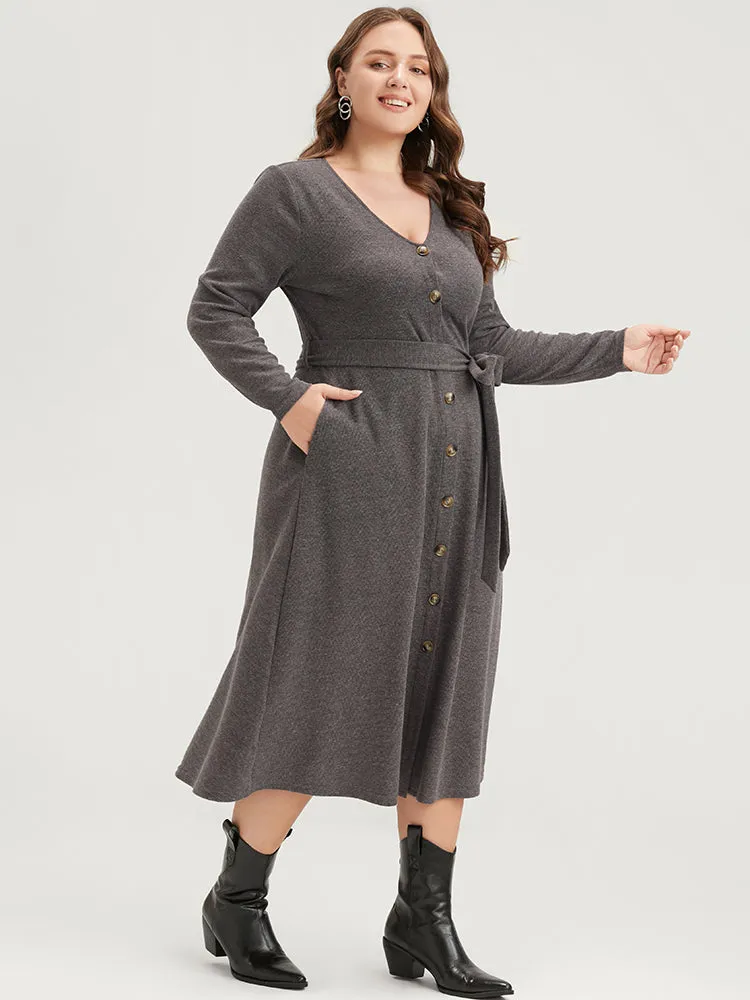 Solid Pocket Button Up Belted Rib Knit Dress sold by Bloomchic product image thumbnail 4