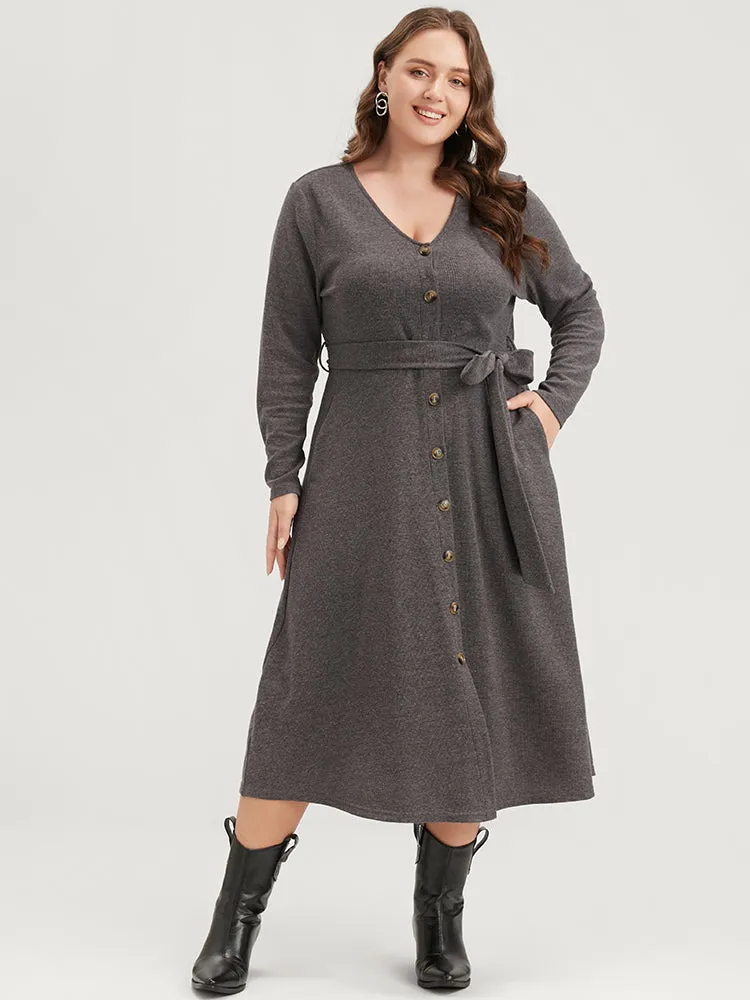 Solid Pocket Button Up Belted Rib Knit Dress sold by Bloomchic