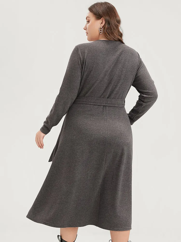 Solid Pocket Button Up Belted Rib Knit Dress sold by Bloomchic product image thumbnail 5