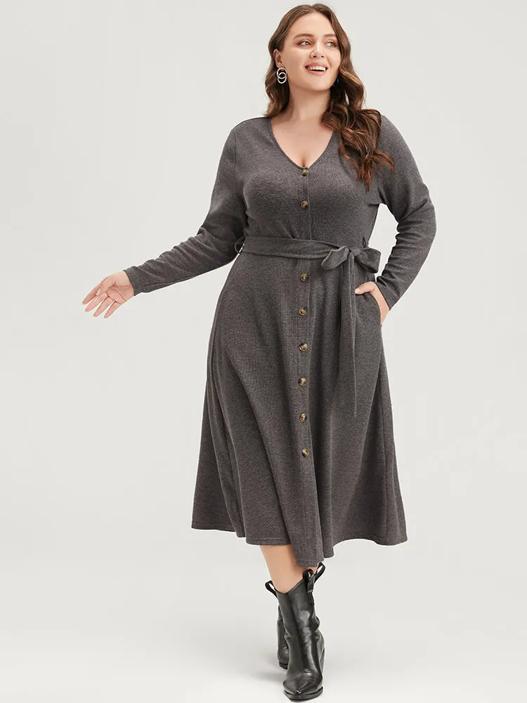 Solid Pocket Button Up Belted Rib Knit Dress sold by Bloomchic product image thumbnail 2