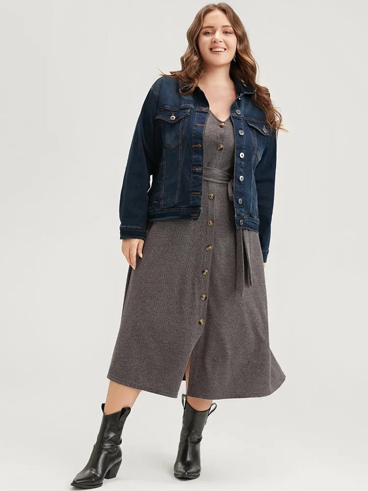 Solid Pocket Button Up Belted Rib Knit Dress sold by Bloomchic product image thumbnail 3