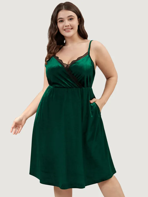 Solid Lace Trim Pocket Velvet Spaghetti Strap Dress sold by Bloomchic