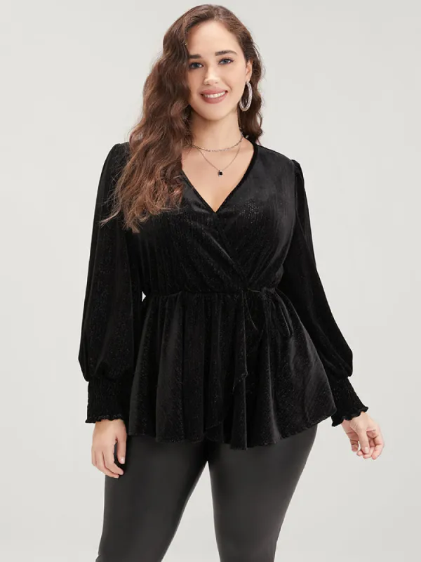Solid Shirred Lantern Sleeve Ties Up Velvet Wrap Blouse sold by Bloomchic