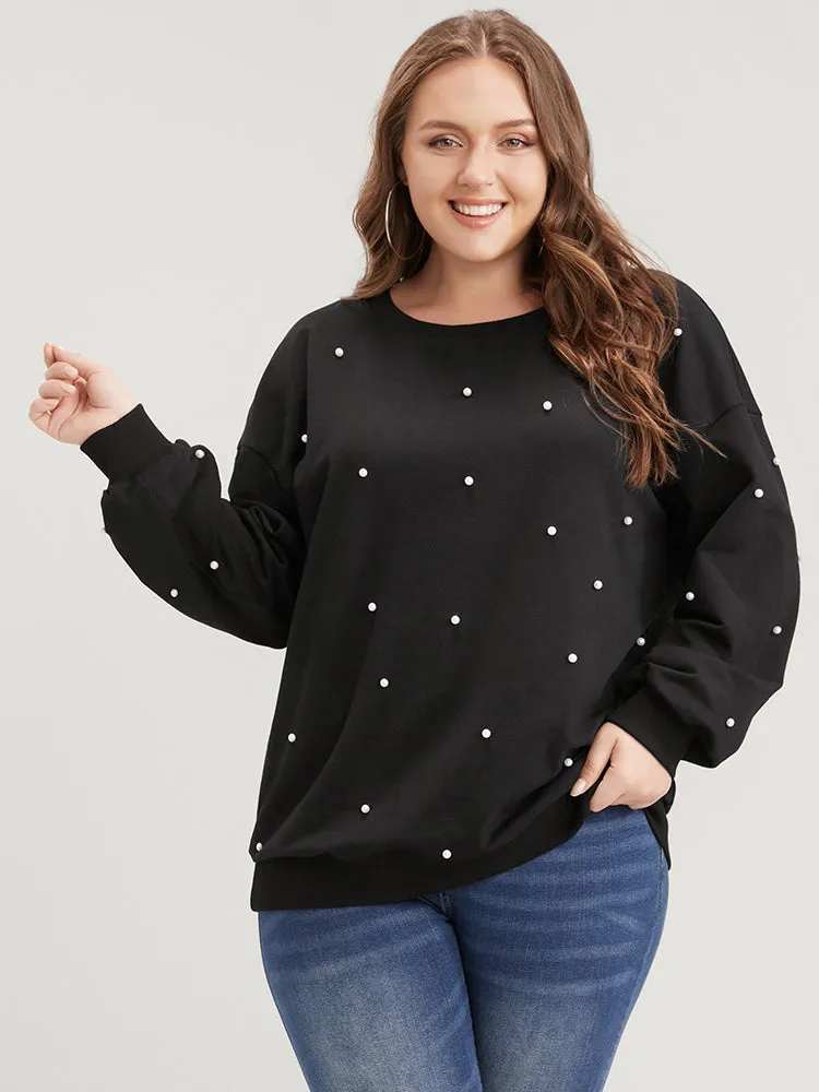 Solid Pearl Beaded Drop Shoulder Sweatshirt sold by Bloomchic