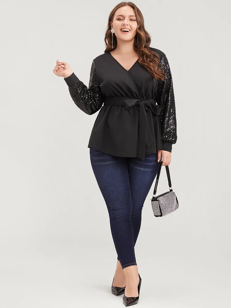 Solid Sequin Belted Surplice Neck Blouse sold by Bloomchic product image thumbnail 3