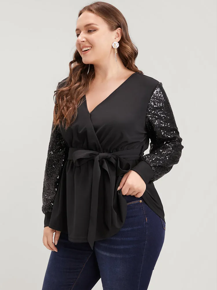 Solid Sequin Belted Surplice Neck Blouse sold by Bloomchic product image thumbnail 2