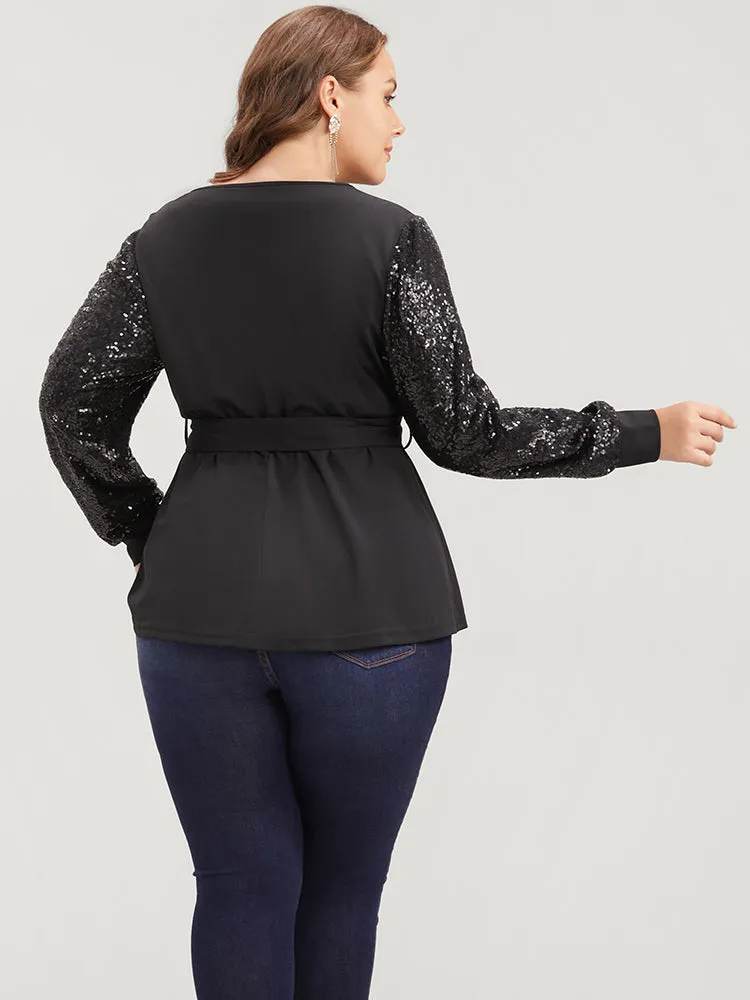 Solid Sequin Belted Surplice Neck Blouse sold by Bloomchic product image thumbnail 4