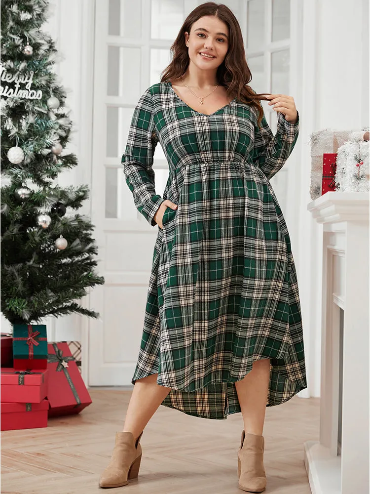 Plaid V Neck Pocket High Low Hem Dress Without Belt sold by Bloomchic product image thumbnail 4