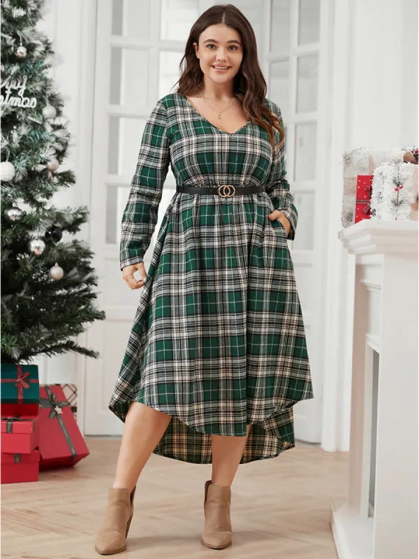 Plaid V Neck Pocket High Low Hem Dress Without Belt sold by Bloomchic