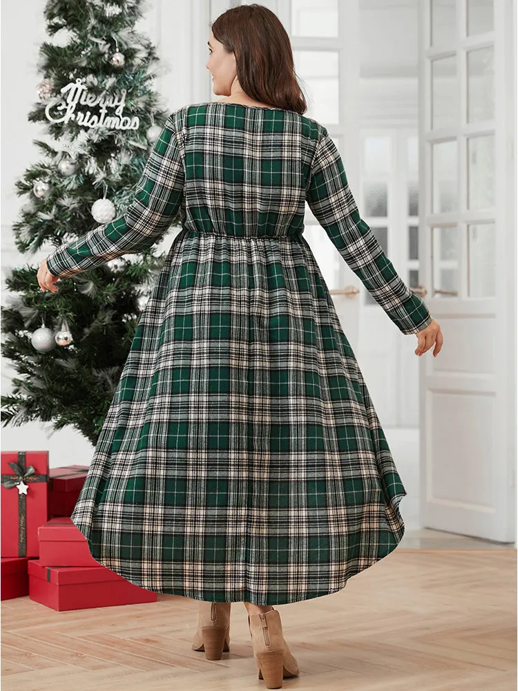 Plaid V Neck Pocket High Low Hem Dress Without Belt sold by Bloomchic product image thumbnail 2