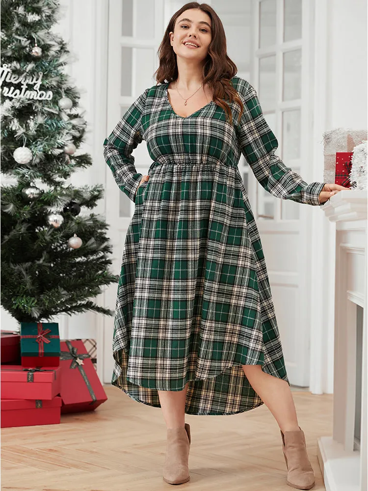 Plaid V Neck Pocket High Low Hem Dress Without Belt sold by Bloomchic product image thumbnail 3