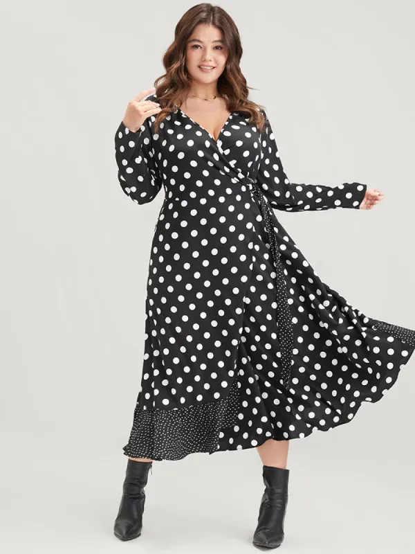 Polka Dot Surplice Neck Tie Side Pocket Ruffle Hem Dress sold by Bloomchic