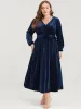 Striped Velvet Pocket Lantern Sleeve Belted Wrap Dress sold by Bloomchic