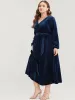 Striped Velvet Pocket Lantern Sleeve Belted Wrap Dress sold by Bloomchic