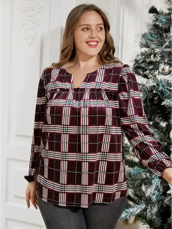 Plaid Lantern Sleeve Notched T-shirt sold by Bloomchic