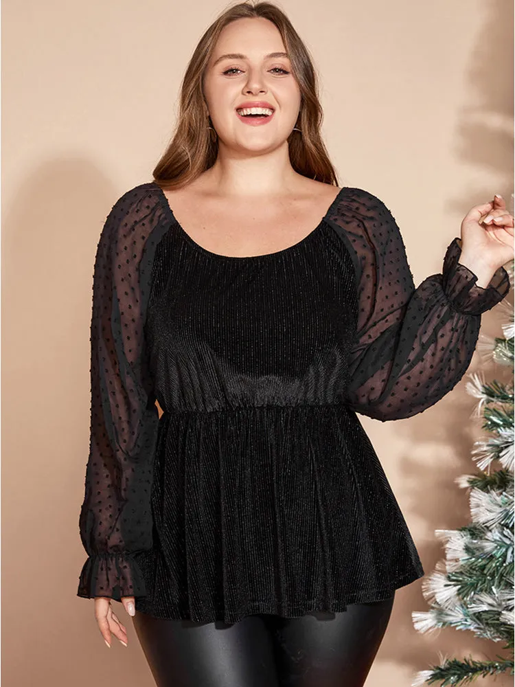 Polka Dot Mesh Patchwork Textured Ruffle Hem Glitter Blouse sold by Bloomchic product image thumbnail 2