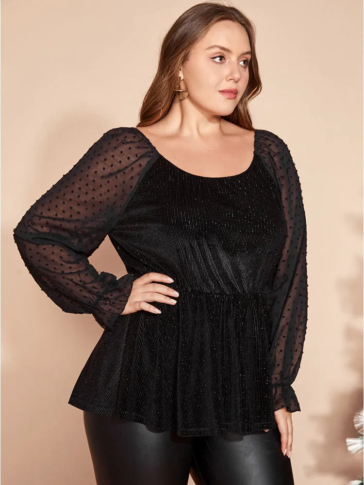 Polka Dot Mesh Patchwork Textured Ruffle Hem Glitter Blouse sold by Bloomchic product image thumbnail 4