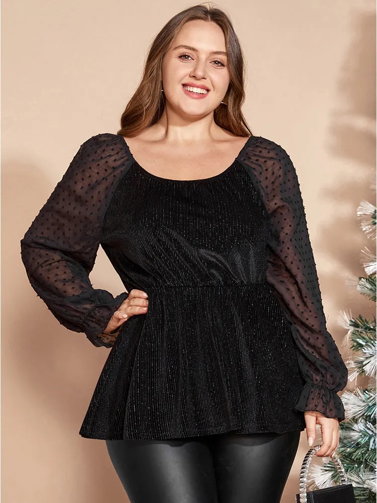 Polka Dot Mesh Patchwork Textured Ruffle Hem Glitter Blouse sold by Bloomchic