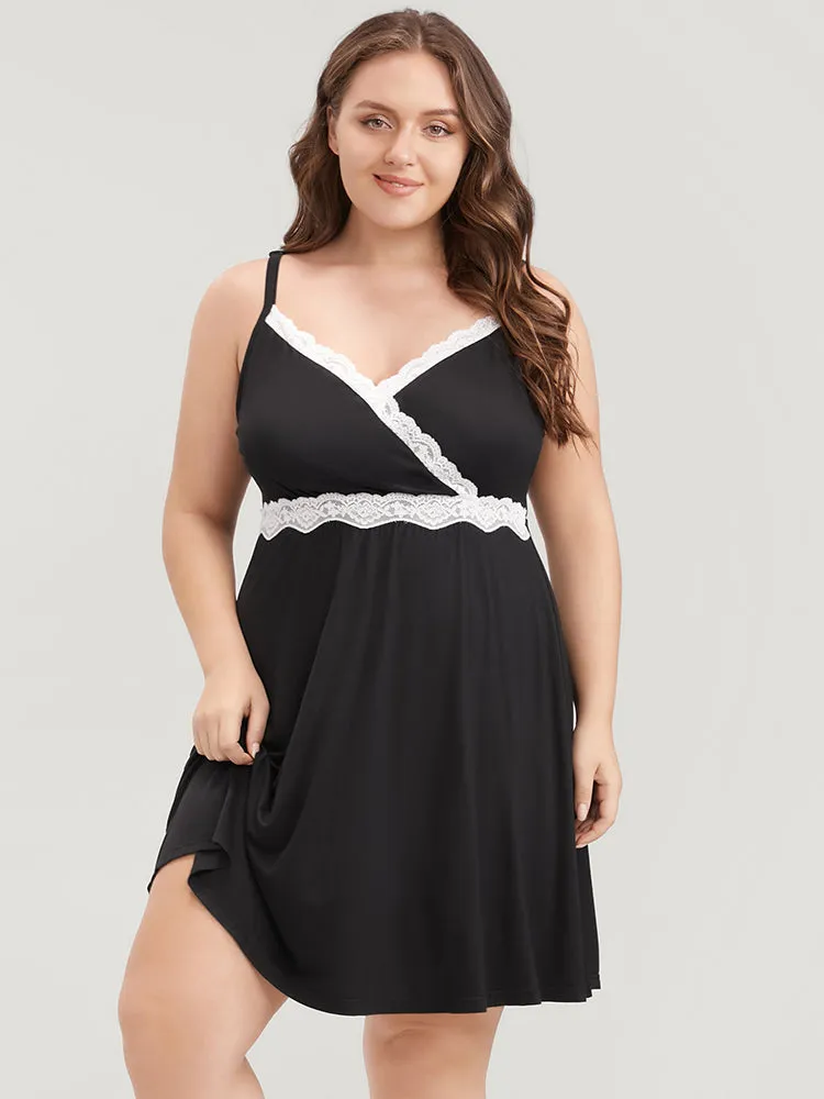 Solid Contrast Lace Trim Cami Night Dress sold by Bloomchic