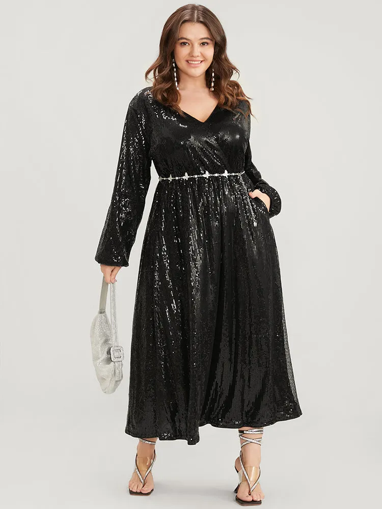 Solid Lantern Sleeve Pocket Wrap Sequin Maxi Dress sold by Bloomchic product image thumbnail 4