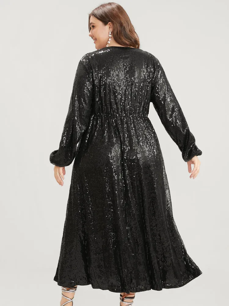 Solid Lantern Sleeve Pocket Wrap Sequin Maxi Dress sold by Bloomchic product image thumbnail 5