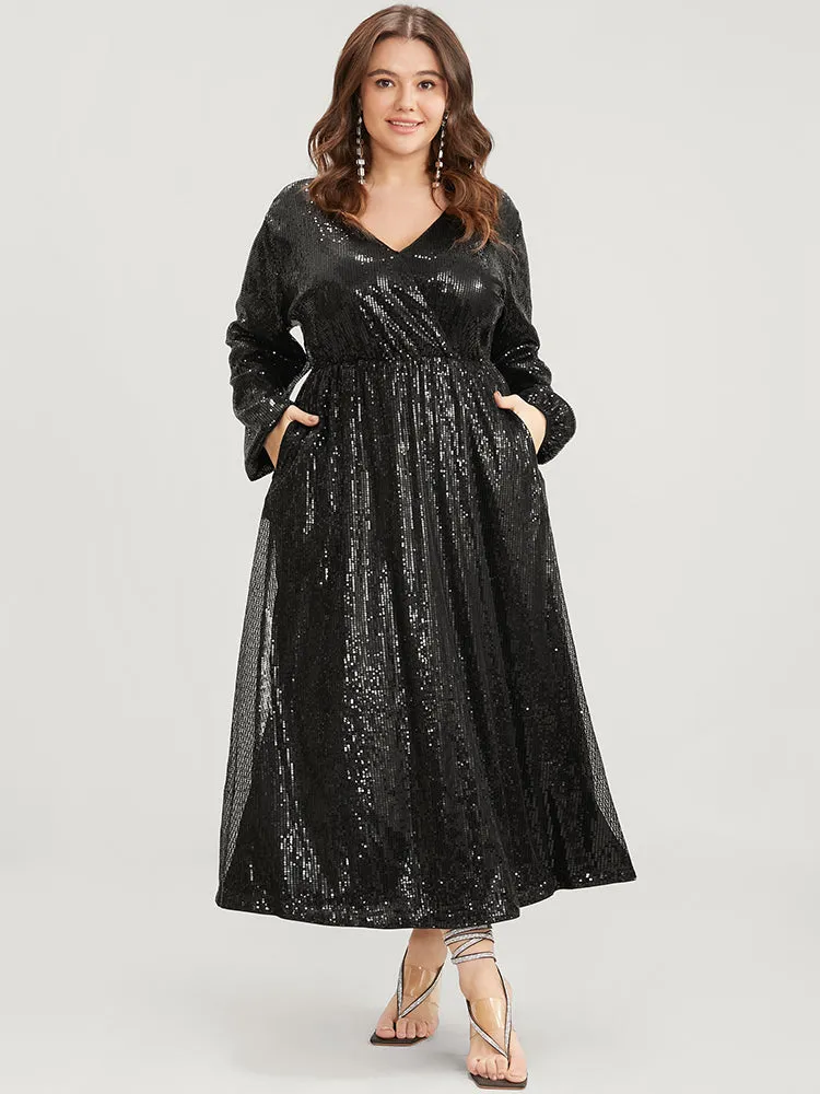Solid Lantern Sleeve Pocket Wrap Sequin Maxi Dress sold by Bloomchic product image thumbnail 3