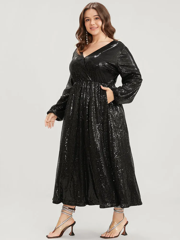 Solid Lantern Sleeve Pocket Wrap Sequin Maxi Dress sold by Bloomchic product image thumbnail 2